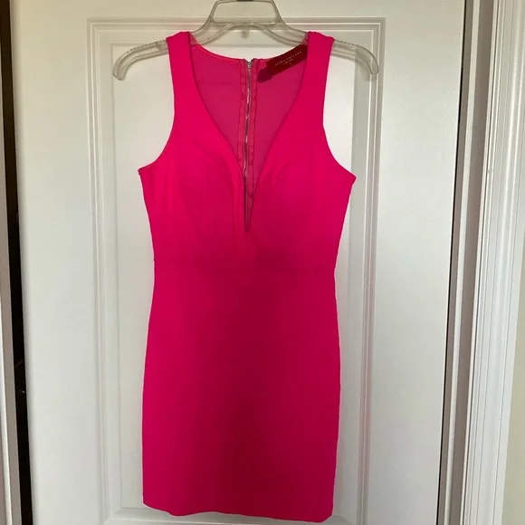 Akira Red Label Bright Neon Pink Bodycon Deep V Dress - Picture 1 of 3